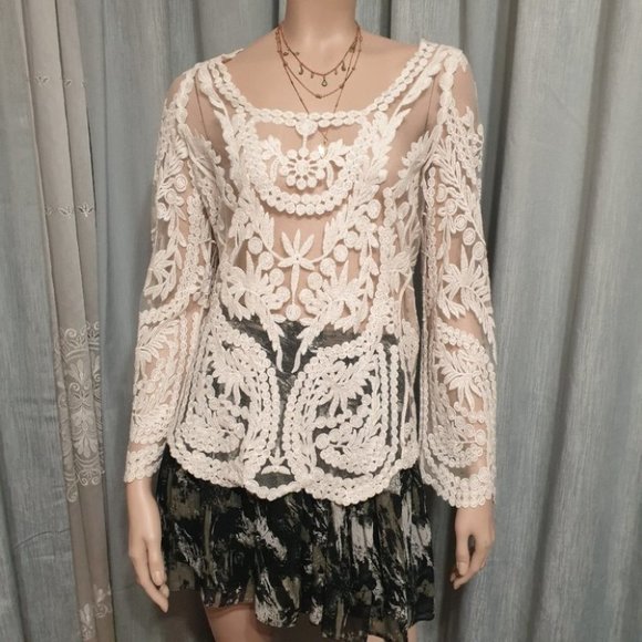 Origami by vivien AU-S White Lace Long-sleeve Blouse Top - Picture 2 of 8